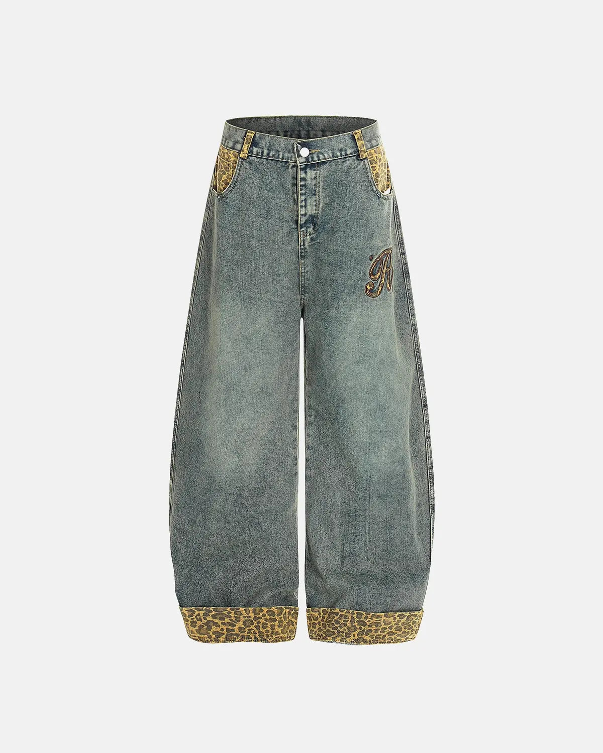 Leopard Patchwork Baggy Jeans With Embroidery