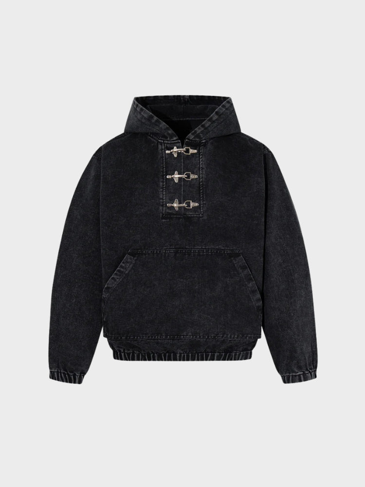 Revelse™ Washed Denim Toggle Front Hoodie Black