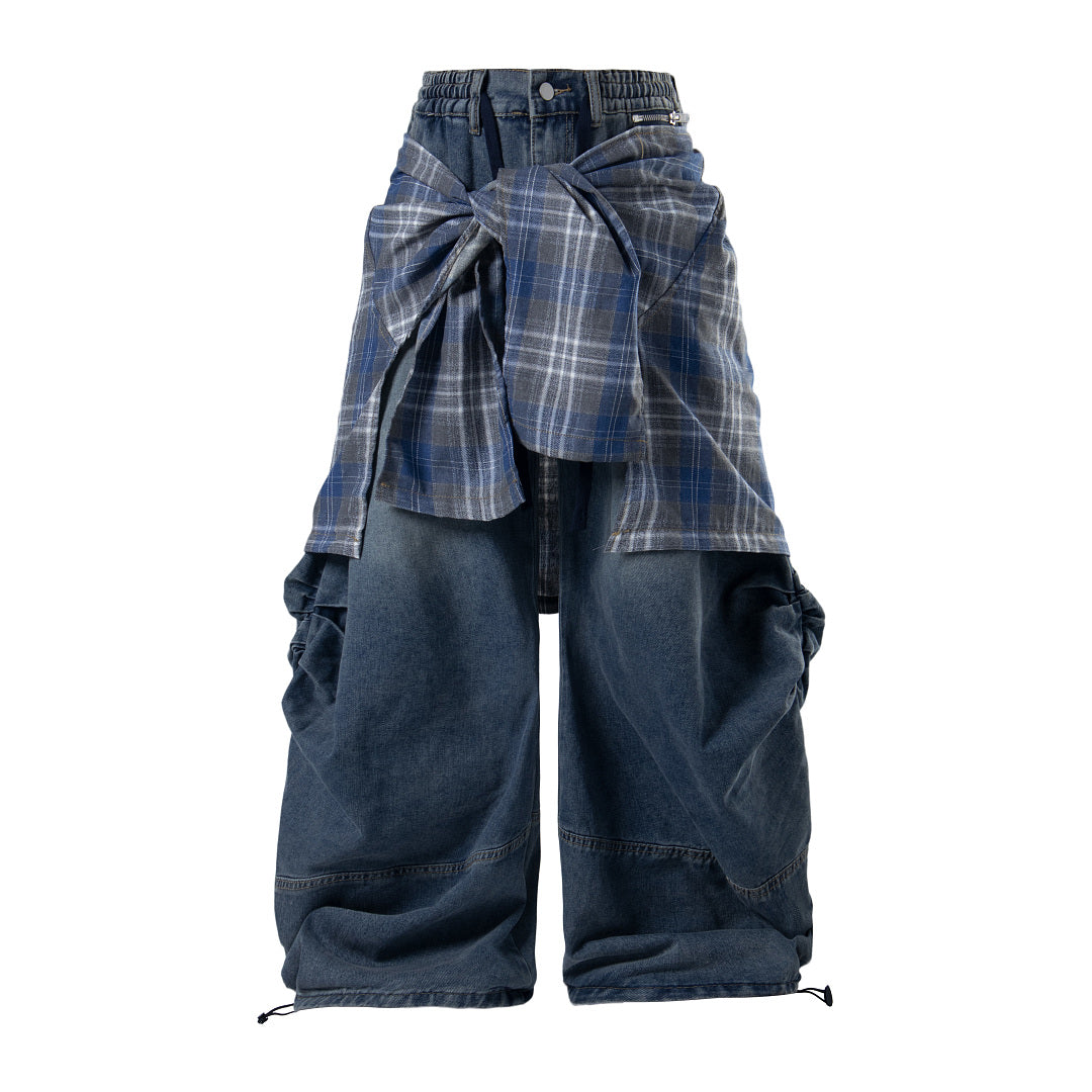 Detachable Plaid Layer Baggy Jeans