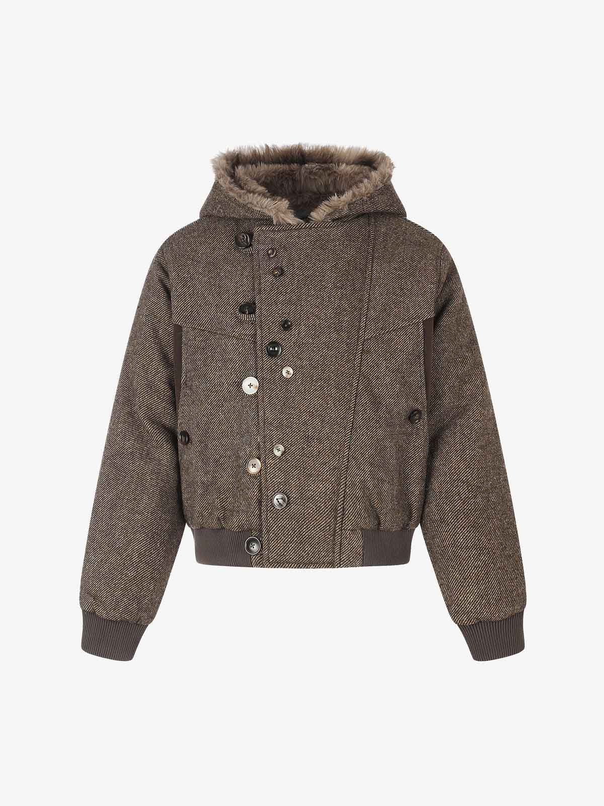 Faux-Fur Hooded Coat With Asymmetric Button Front