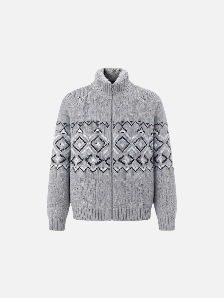 Geometric Knit Mock Neck Cardigan With Faux Fur Lining