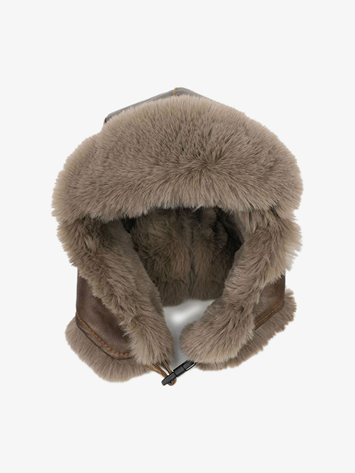 Full view of the distressed leather hat with plush ear flaps