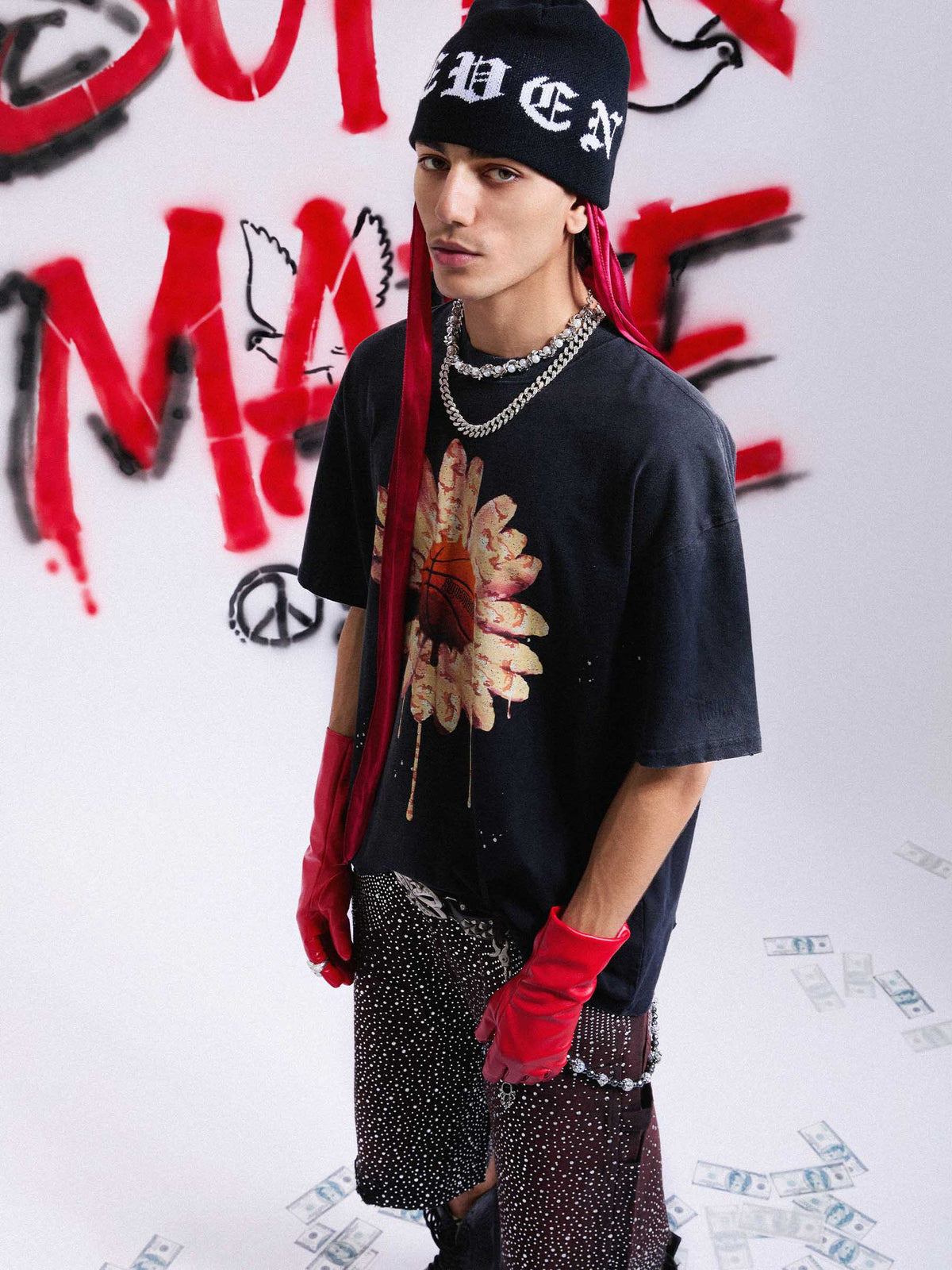 Revelse™ Floral Ink Splatter Graphic Basketball T-Shirt