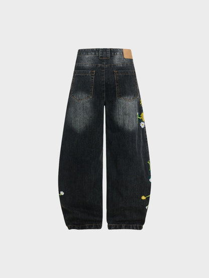 Revelse™ Baggy Wide-Leg Cotton Blend Denim Jeans Floral Embroidered