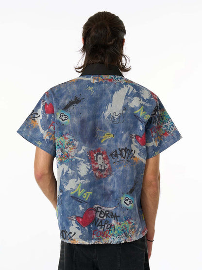 Revelse™ Tie-Dye Denim Polo T-Shirt with Graffiti Print