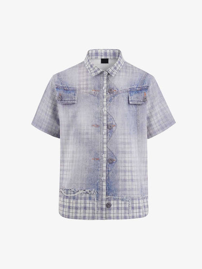Revelse™ Vintage Washed Plaid Denim Texture Shirt Blue
