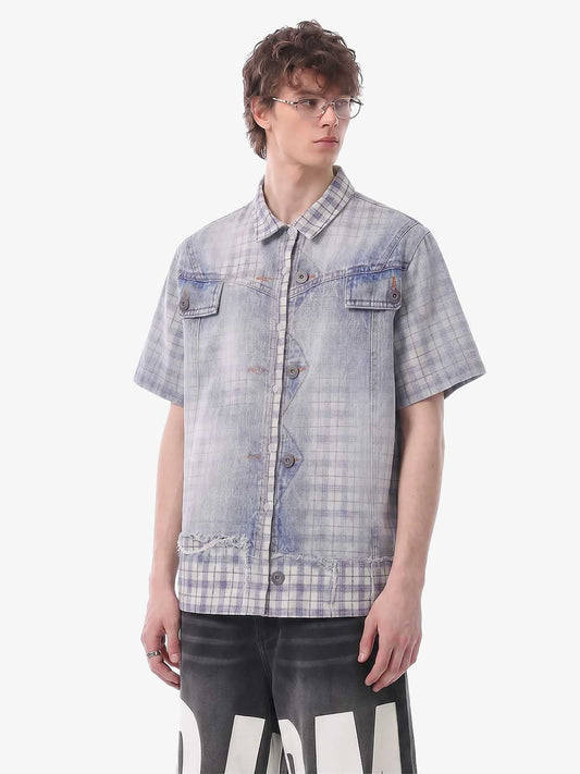 Revelse™ Vintage Washed Plaid Denim Texture Shirt Blue