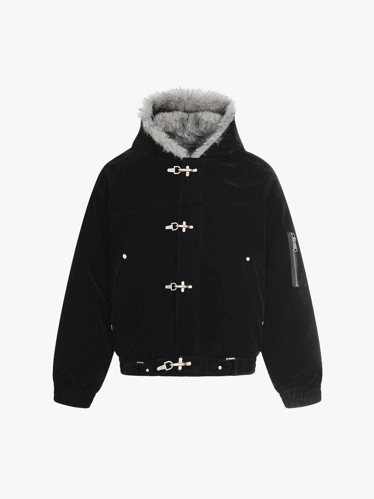 Revelse™ Faux Fur Hooded Suede Bomber Jacket with Metal Clip Streetwear