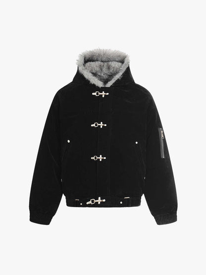 Revelse™ Faux Fur Hooded Suede Bomber Jacket with Metal Clip Streetwear