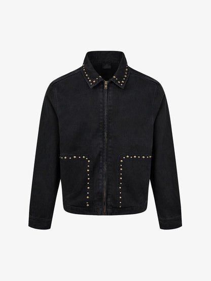 Studded distressed denim jacket with a relaxed boxy fit
