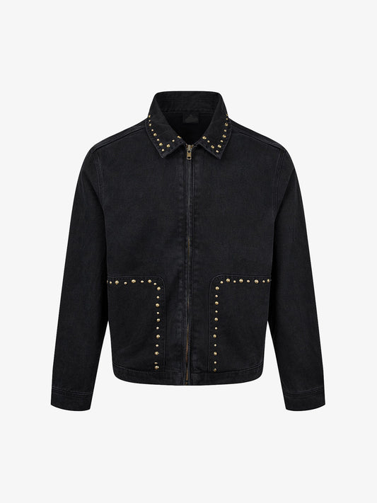 Studded distressed denim jacket with a relaxed boxy fit
