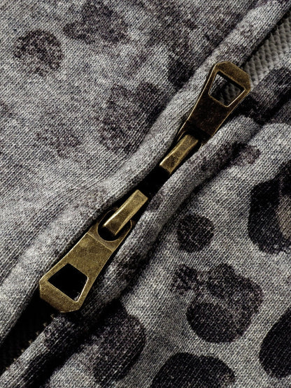 Revelse™ Leopard Print Vintage Washed Zip Hoodie Thick Cotton