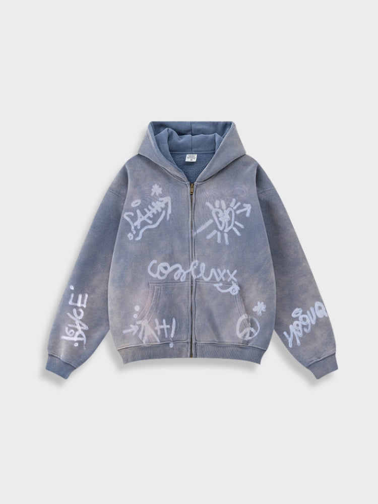 Revelse™ Unisex Graffiti Print Washed Zip-Up Hoodie