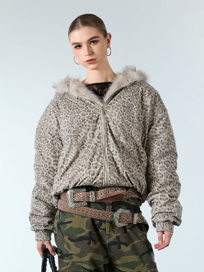 Revelse™ Cheetah Print Hooded Jacket with Faux Mink Fur Trim
