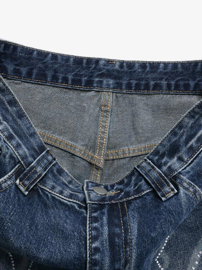 Curved-leg jeans displaying the whiskered denim finish