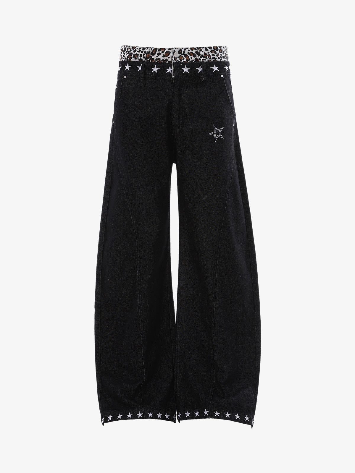 Wide-leg jeans with leopard trim and star stitching shown from the front