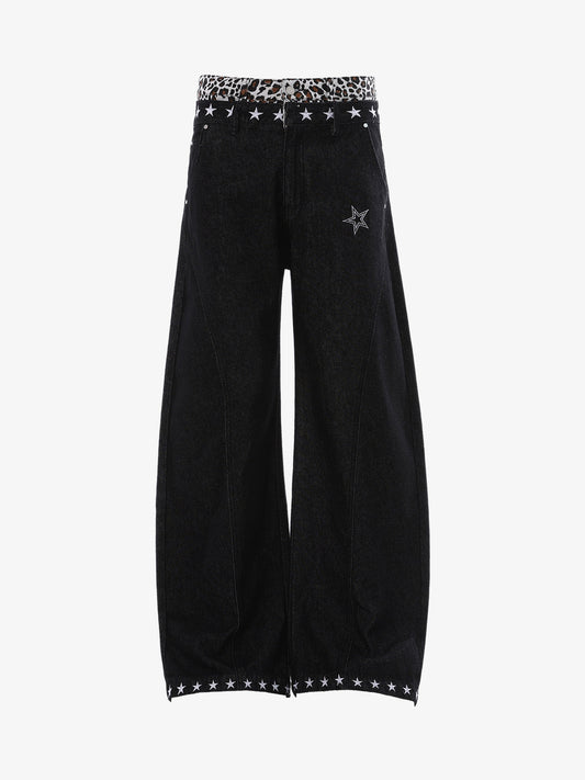 Wide-leg jeans with leopard trim and star stitching shown from the front