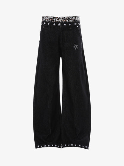 Wide-Leg Jeans With Leopard Trim And Star Stitching