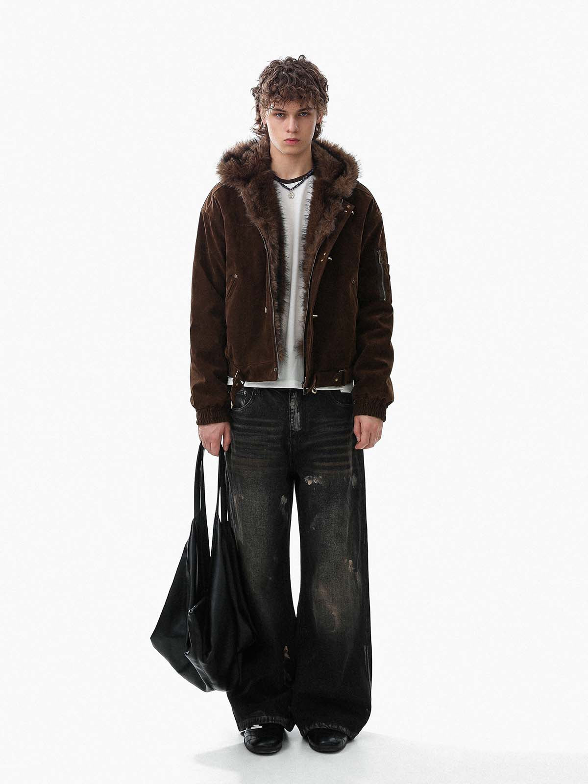 Revelse™ Faux Fur Hooded Suede Bomber Jacket with Metal Clip Streetwear