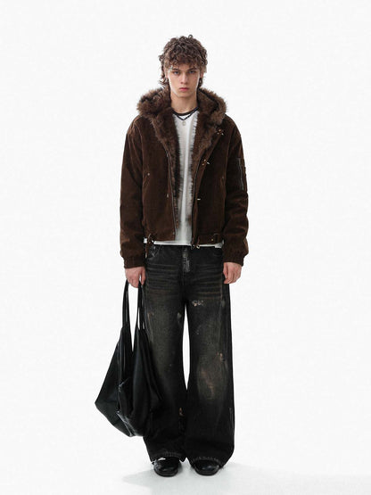 Revelse™ Faux Fur Hooded Suede Bomber Jacket with Metal Clip Streetwear