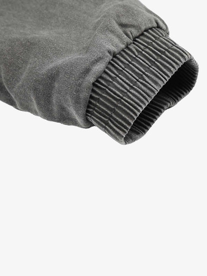 Full view of a faux-fur trim washed bomber coat for everyday wear
