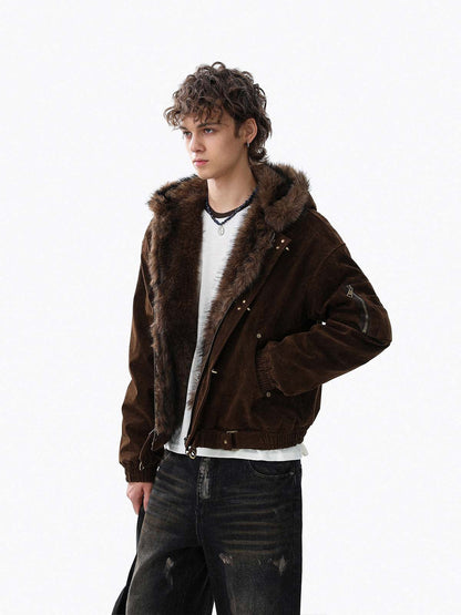 Revelse™ Faux Fur Hooded Suede Bomber Jacket with Metal Clip Streetwear