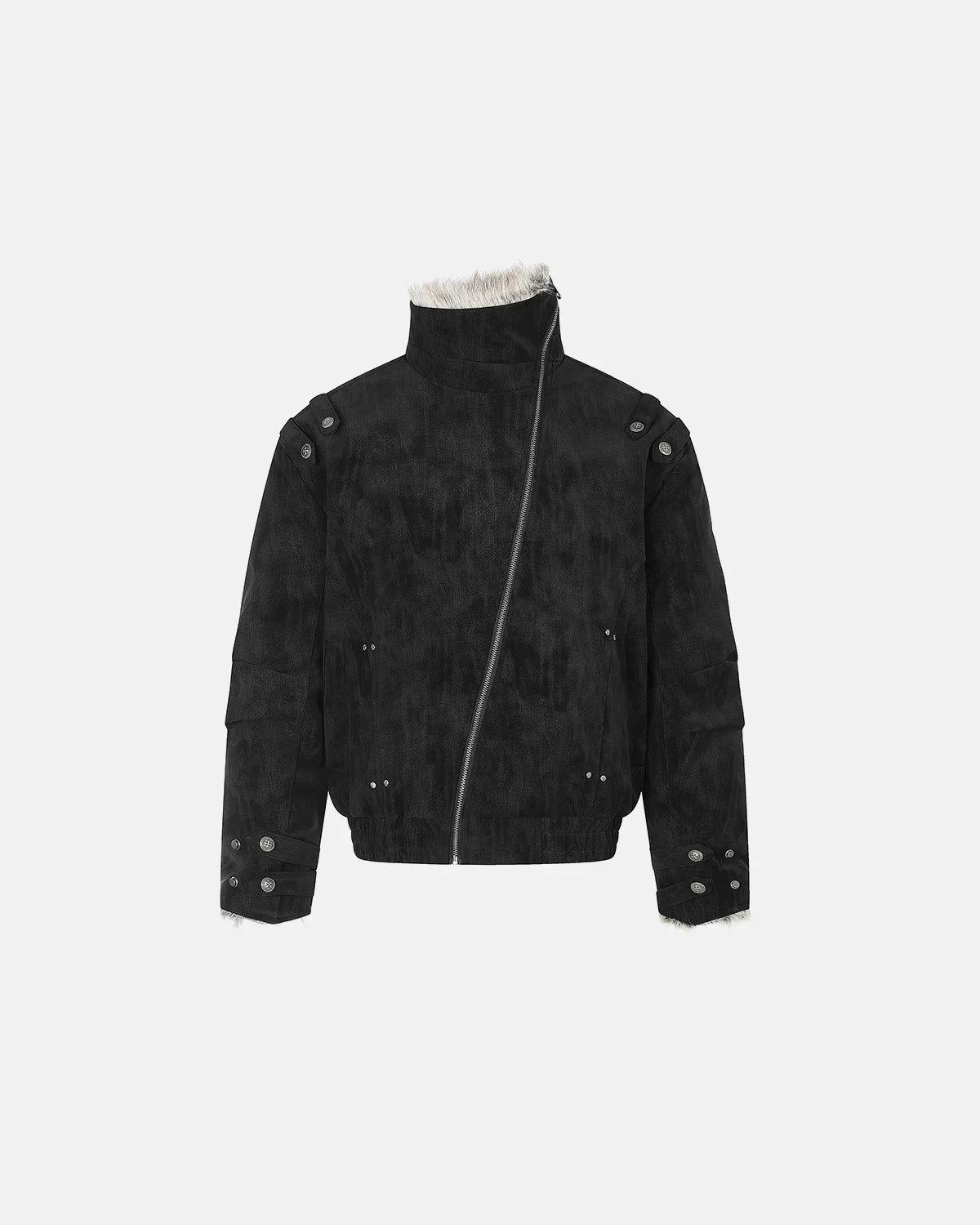 Padded faux fur jacket showing its structured outerwear shape