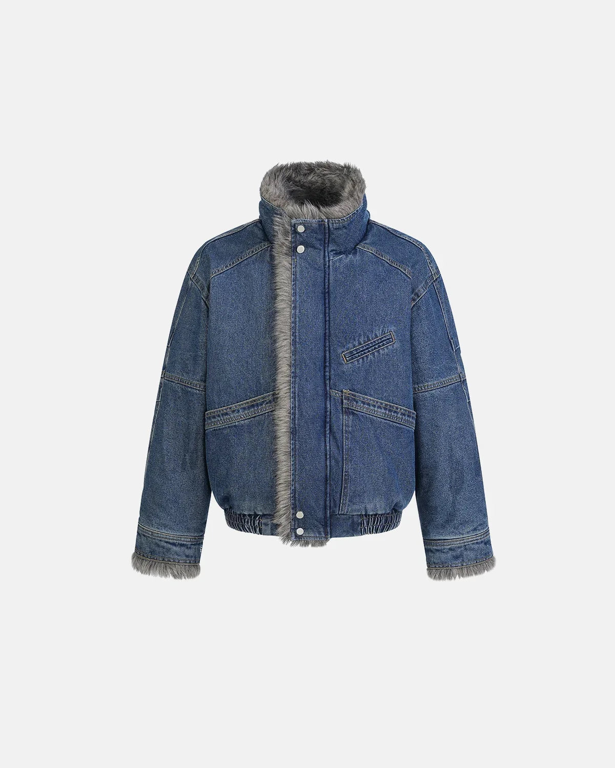 Close-up of the faux fur collar on a padded denim jacket