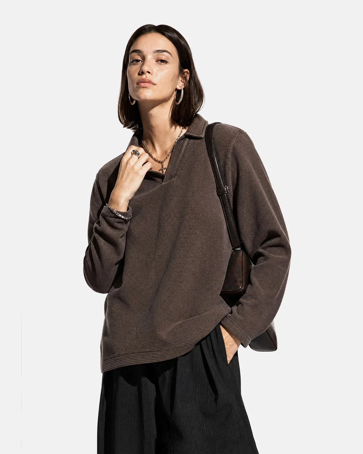 Washed Waffle Polo Shirt Boxy Long Sleeve Streetwear
