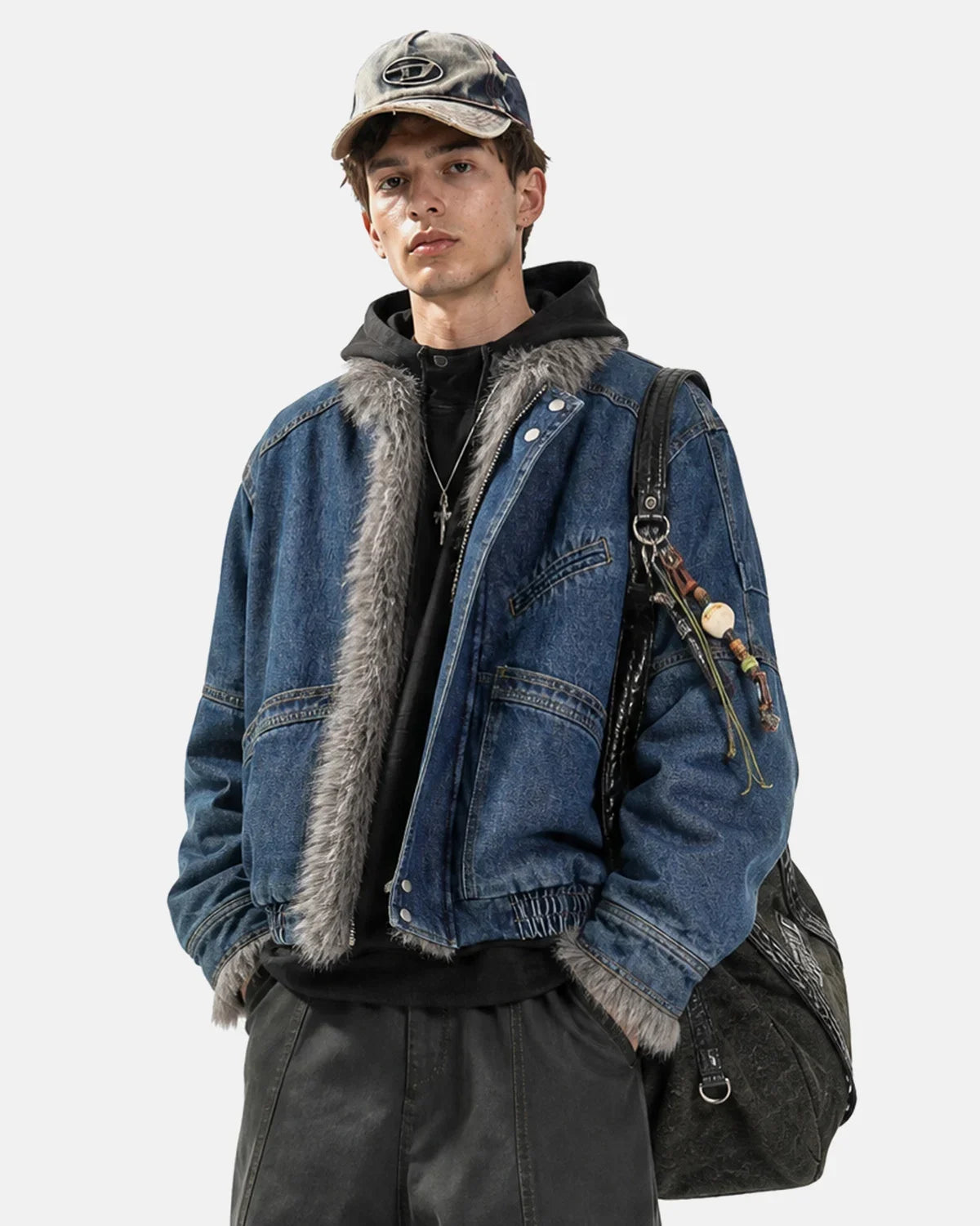 Side view of a boxy faux fur padded denim jacket