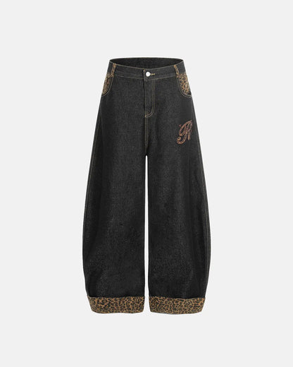 Leopard Patchwork Baggy Jeans With Embroidery