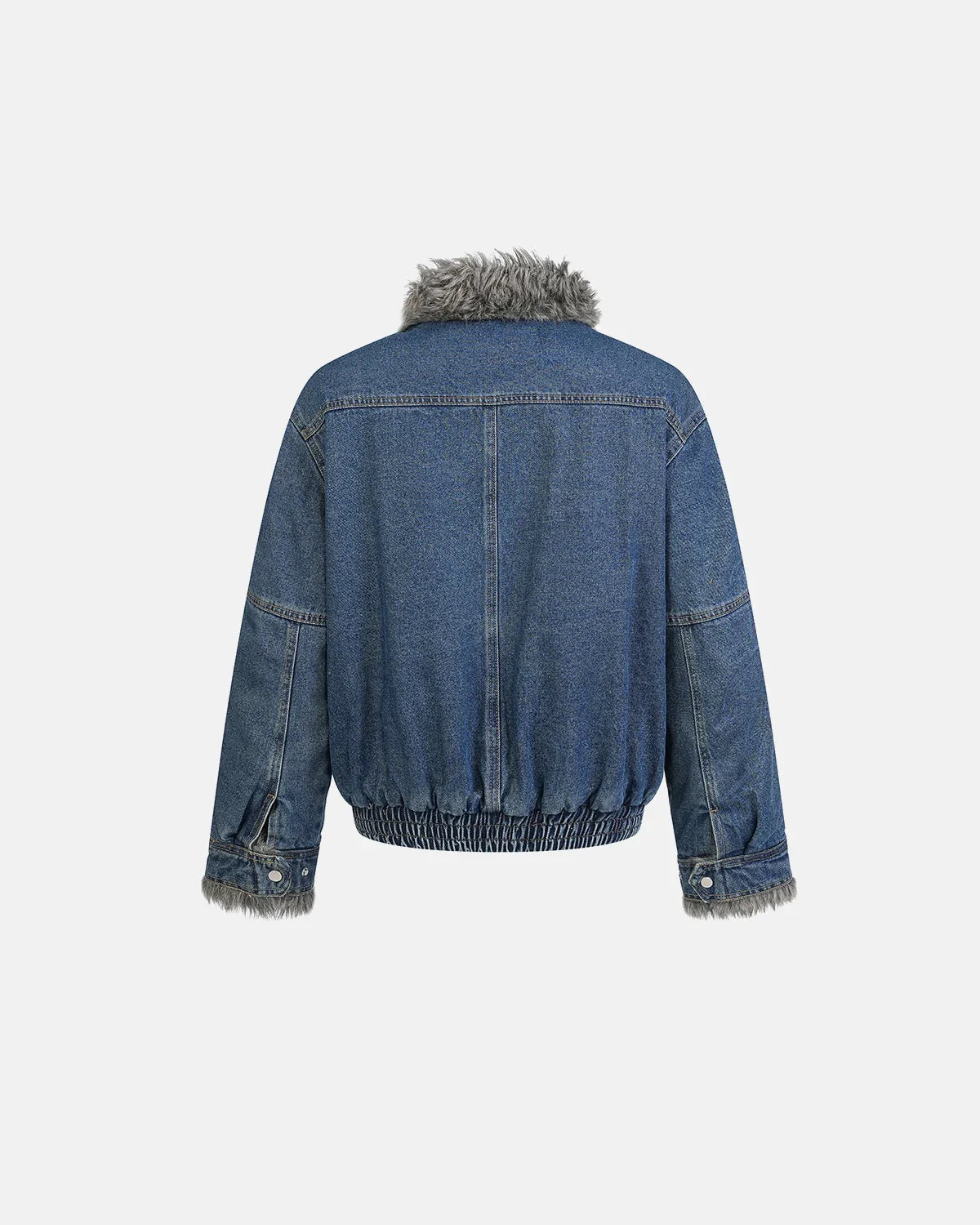 Padded denim jacket showing the soft faux fur trim