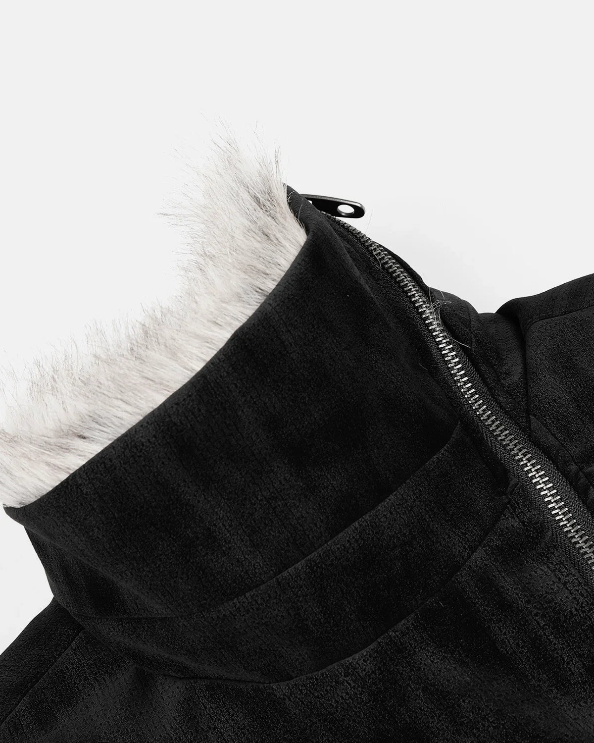 Collar and zip detail on the faux fur padded jacket