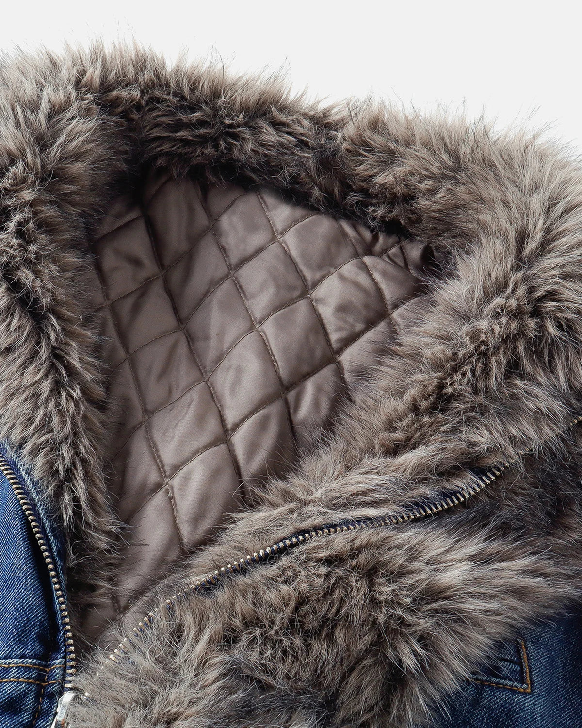 Faux fur padded denim jacket styled as a casual streetwear layer
