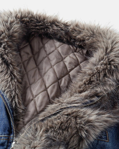 Faux fur padded denim jacket styled as a casual streetwear layer