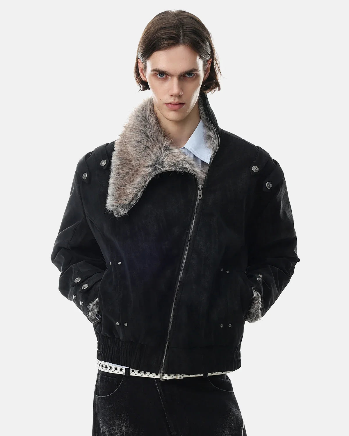 Close-up of the asymmetric zip on a faux fur padded jacket