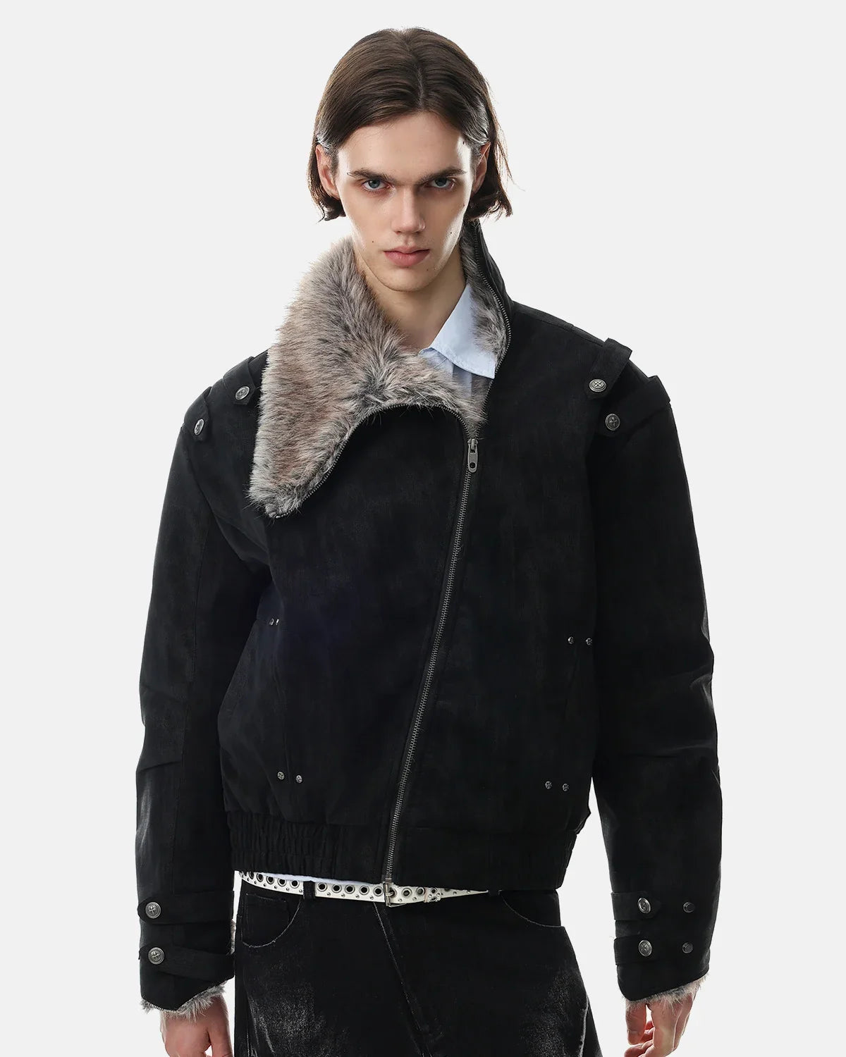Side view of a faux fur padded jacket with an asymmetric front zip