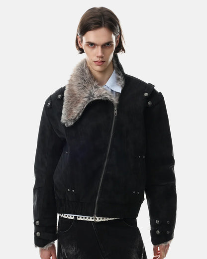 Side view of a faux fur padded jacket with an asymmetric front zip