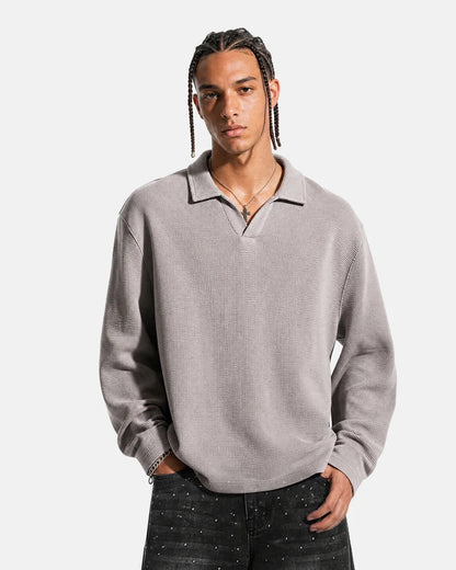 Washed Waffle Polo Shirt Boxy Long Sleeve Streetwear