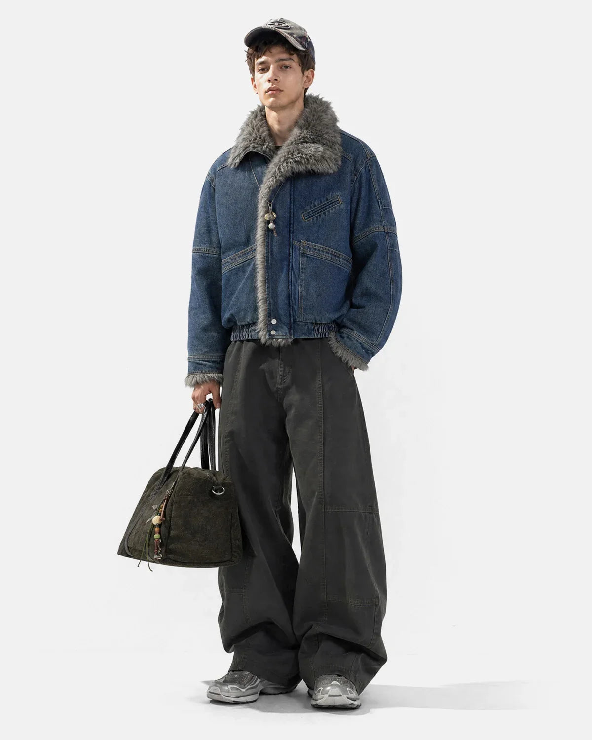 Back view of the relaxed-fit faux fur denim jacket