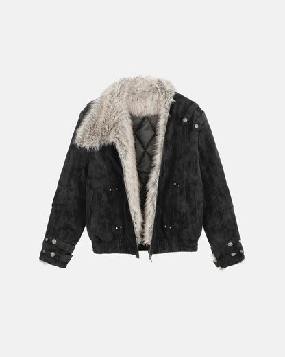 Faux fur padded jacket with an asymmetric zip shown from the front