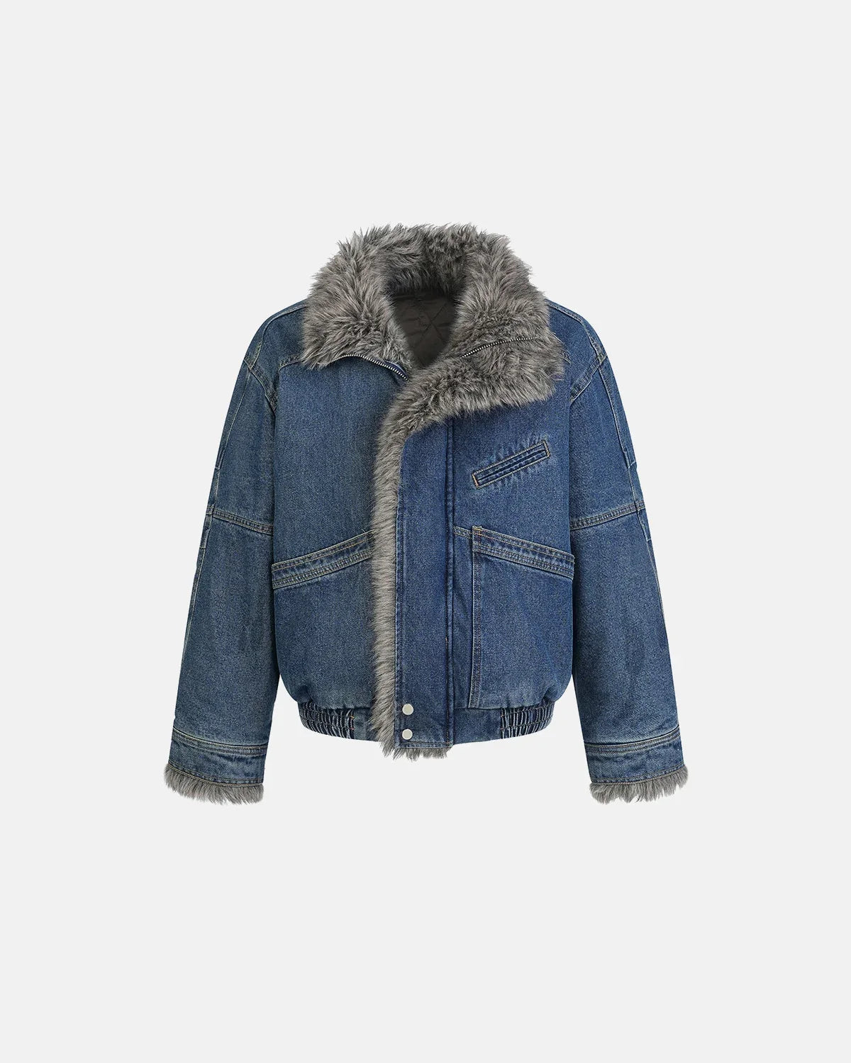 Faux fur padded boxy denim jacket shown from the front