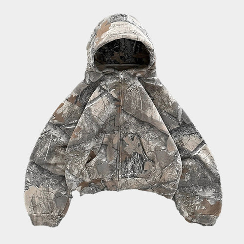 Revelse™ Camouflage Zip-Up Hoodie with Woodland Print