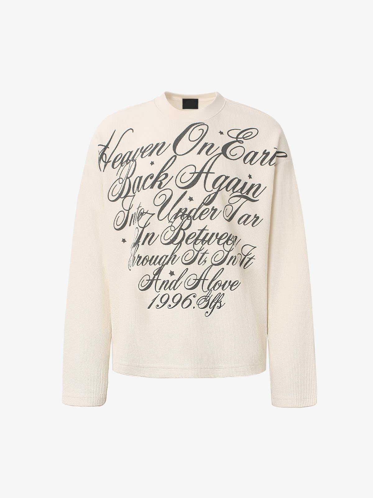 Waffle-knit long-sleeve top with script print shown from the front
