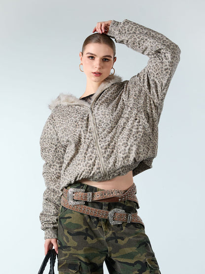 Revelse™ Cheetah Print Hooded Jacket with Faux Mink Fur Trim