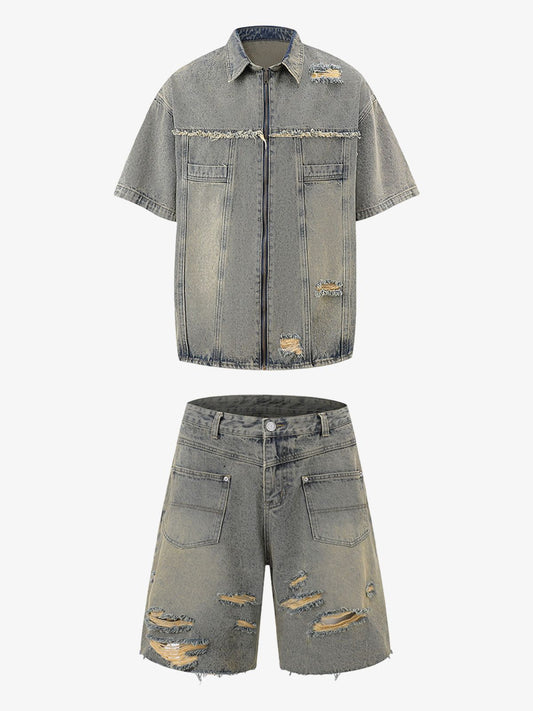 Revelse™ Men's Ripped Distressed Denim Jacket and Pants Set