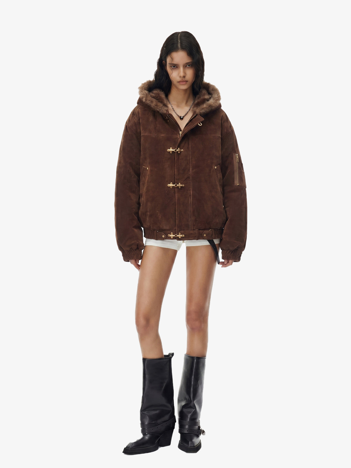 Revelse™ Faux Fur Hooded Suede Bomber Jacket with Metal Clip Streetwear