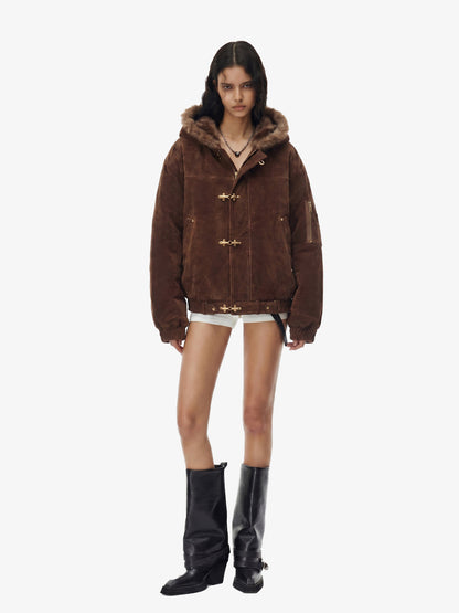 Revelse™ Faux Fur Hooded Suede Bomber Jacket with Metal Clip Streetwear