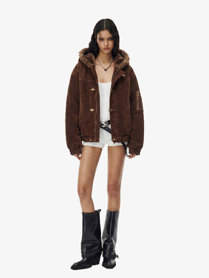 Revelse™ Faux Fur Hooded Suede Bomber Jacket with Metal Clip Streetwear