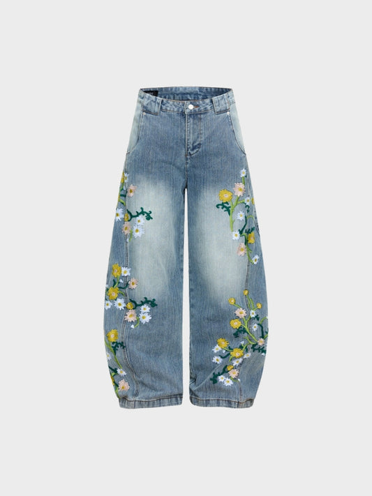 Revelse™ Baggy Wide-Leg Cotton Blend Denim Jeans Floral Embroidered